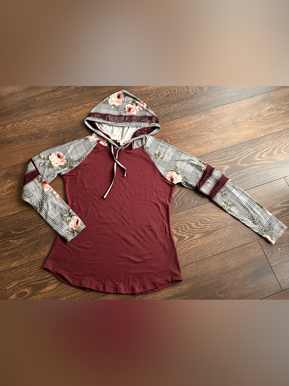 Ultra Flirt Maroon Hoodie with Plaid Floral Sleeves